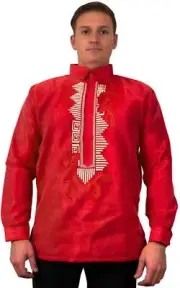 Red Long Sleeve Organza Barong Tagalog - ORDER US SIZE
