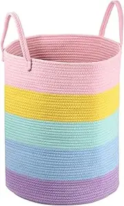 Laundry Basket,Cotton Rope Laundry Basket,Large Capacity Clothes Woven Basket with Handle Blanket,Towel Organizer for Toys Clothes(38x38x50CM)