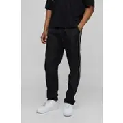Mens Black Elasticated Waist Straight Fit Dropped Crotch Pipping Trousers