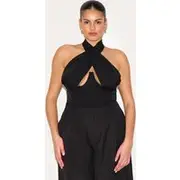 Plus Black Woven Cross Front Underwired Bodysuit, Black