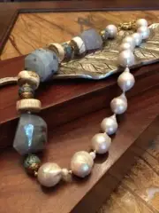 Genuine Chalcedony Pearl Necklace, Sacred Tibetan Conch Shell & Jasper Beads