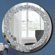[qmdecor] Crystal Crush Diamond Sparkly Round Silver Mirror for Wall Decoration 20x20x1 inch Wall Hang Frameless Bling Stylish Gorgeous Glam Mirror Vanity Home Decor.