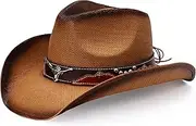 [thuizen] Western Sturdy Pinch Crown Rolled Brim Straw Cowboy Hat with Decent Bullhead