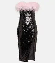 [Self-Portrait] Self-Portrait Feather-trimmed sequined midi dress AU 16 black