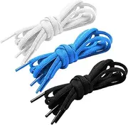 [3 Pairs] Oval Shoelaces,CaseHQ Flat Braided Shoe Laces Half Round 1/4",52 inch Length Strings for Running Sports Sneakers Boots Skates Board Shoes Casual Shoes -Black+White+Blue