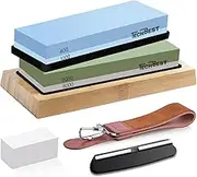 TechBest Whetstone Knife Set – Sharpening Stones Grit 400/1000 3000/8000 Whetstone with Non-Slip Bamboo Base, Flat Stone, Angle Guide and Leather Strips