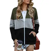 Hoodies for Women Color Block Hooded Sweatshirt Basic Zip-Up Jersey Jacket Long Sleeve Top with Pockets - Army Green