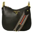 $3100~ New Prada 1BC166 Black Vitello Phenix Leather Web Stripe Strap Crossbody