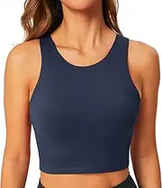 [BAYDI] Women's Sports Bra Without Underwire Bustier High Closed Crop Top Racerback Tank Tops Removable Padding Yoga Bra, Navy, XL