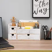 ExoLiry White Wooden Desktop Organizer 3 Removable Drawers Office Supplies Wood Storage Caddy Box Stationery Pencil Multiple Cabinet Slots Mail Holder Note Pads Accessories Home Makeup Tools Cosmetics