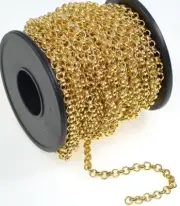 Chain, Bulk Rolo, Gold Plated Brass Rolo Belcher Chain with 3.9mm Links 3 Feet *