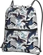 EdWal Killer Whale Print Drawstring Backpack Gym Bags Sports Bags With Zipper Pocket For Travel Beach, Black, One Size