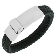 Stainless Steel and Black Leather Two Tone Braided Mens Bracelet with Clasp