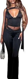 [RISCUYY] Two Piece Sets for Women Casual Sleeveless V Neck Crop Tops Slim Pants Lounge Set Vacation Travel Outfits