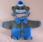 Doll Clothes Outfit, Crochet Sweater, B Sock Monkey Sweater Hat Fits 15-17" Doll