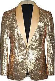 [CARFFIV] Men's Geometric Hexagonal Futuristic Honeycomb Sequined Blazer Glitter Shiny Sparkly Suit Jacket