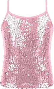 [Riismen] Kids Girls Glitter Sequins Cami Vest Adjustable Straps Jazz Ballet Dance Tank Top Performance Costume