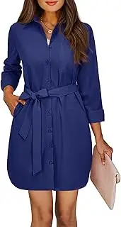 [Aoudery] Womens Button Down Shirt Dresses with Pockets Cotton Button Up Tunics Long Sleeve Solid High Low Blouse Tops