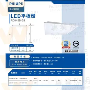 PHILIPS 飛利浦 LED 34W 平板燈 含稅附發票 2024最新 RC048B G3 高光效4000lm 輕鋼架