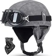 Vintage Half Helmet Jet Helmet Leather Motorcycle Half Helmet Open Face Motorcycle Helmet with Goggles for Men Ladies Motorcycle Scooter Scooter DOT/ECE Approved