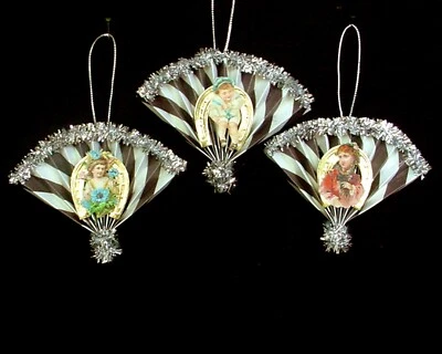 3 CHRISTMAS FAN ORNAMENTS VICTORIAN CHILDREN DRESDEN TINSEL ANTIQUE SCRAP CHROMO