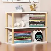 Dreamhousey Home Desktop Solid Wood Student Bookshelf Shelving, Office Simple Desk 2-Tier File Organizer Shelf Bookcase (White+Oak)