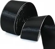 David accessories Satin Ribbon with Silver Edges 1.5 Inch Wide 20 Yards, Gold Border Fabric Ribbons for Gift Wrapping DIY Crafts Christmas Decor Wreath Bows Invitations (Black)