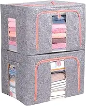 Tasmegol 2 Pack 66L Foldable Clothes Storage Bins Box Stackable Metal Frame Closet Organizer with Clear Windows Carry Handles Linen Fabric Containers Bags for Beddings/Quilt
