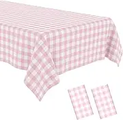 2 Pack Pink Gingham Tablecloth Pink and White Checkered Tablecloths Disposable Plastic Gingham Tablecovers Waterproof Rectangle Picnic Table Covers for Birthday Party Supplies，54 x 108 Inches