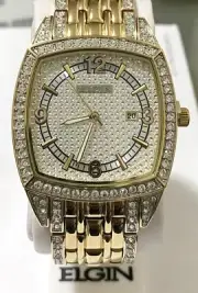 Elgin Men's Luxury Square Analog Date Oversized White Stone Bracelet Watch