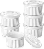 [vancasso] 8 oz Ramekins with Covers, Souffle Dishes Set of 6, 10.1cm White Porcelain Creme Brulee Ramekins, Baking Cups for Pudding, Fruits, Dips, Dishwasher and Oven Safe