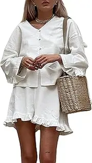 [CQQOD] Women’s Cotton Linen 2 Piece Sets，Tang Style Suits Loose Long Sleeved Shirt Paired with High Waist Ruffled Shorts