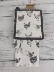 Mabelle Home Collection 3pc Chicken Potholder Holder Oven Mitt Kitchen Towel Set