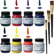 Jacquard Fabric Paint Textile Primary & Secondary 8 Color Set, 2.25-oz, Permanent All-Surface Paint for Jeans, T-Shirts, Shoes, Canvas, Leather, Upholstery, Wood, and more, With 3 Positive Art Brushes