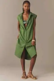 Anthropologie The Lillian Cap-Sleeve Button-Front Midi Dress Green Plus 1X NWT