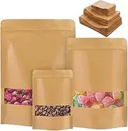 Rustark 50Pcs 18 x 26cm Stand Up Kraft Pouches with Clear Window Kraft Zipper Pouch Bags Sealable Food Bags Kraft Treat Bags for Storage Cookie Tea Nuts Coffee Candy Snack