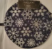 4 Ct Tahari Placemats Set Woven Round Navy Christmas Snowflakes Silver 15"