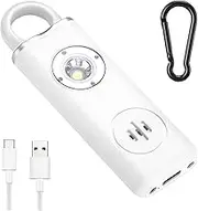 Personal Alarm Keychain Safe Sound with Loud 130dB Siren, Rechargeable Alert Device with LED Flashlight and Carabiner for Women, Children, Elderly Emergency Call, White, Ruilux