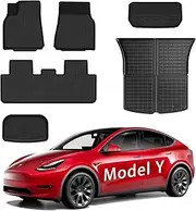 OKKMAX Floor Mats for Model Y - 2024 2020-2023 Custom Fit All Weather TPE Automotive Interior Cargo Liners Trunk Mats Accessories for Model Y 5-Seat (NOT fit 7-Seat) 6 Pcs Mats Set