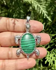 Oxidized Silver Hindu Religious TURTLE TORTOISE Pendant Locket, Malachite