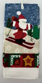 Kmart Trim-A-Home Multicolor Skiing Santa Winter Holiday Kitchen Towel Set