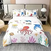 jejeloiu Octopus Bedding Duvet Cover 100% Cotton Set Twin Size Jellyfish Bedding Set for Kids Boys Girls Decor Dolphin Comforter Cover Set Under Sea Life Bedspread Cover,No Comforter