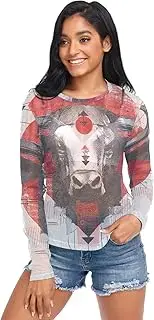 [AIXIWAWA] Women Long Sleeve Mesh Sheer Top Cattle Portrait, Sexy See-Through Blouse for Party Evening Wear S