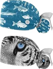 [WOSHJIUK] Working Hat 2 Pack Scrub Caps for Women,Blue Cartoon Vintage Ocean Fish,Tie Back Cap Adjustable Scrub Hat