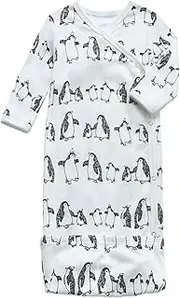 [O2 BABY] O2BABY 100% Organic Cotton kimono Gown With Mittens & Fold-over Pouch, Penguin, 3-6 Months