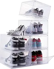 sopplea Drop Front Shoe Box,Set of 6,Stackable Plastic Shoe Box with Clear Door, As Shoe Storage Box and Clear Shoe Box,For Display Sneakers,Easy Assembly,Fit up to US Size 12(13.4”x 10.6”x 7.4”)