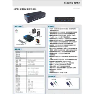 昌運監視器 CD-104CA 4埠 PS2/USB 4PORT KVM 雙介面電腦切換器 含音效