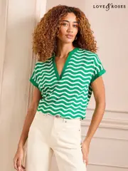 Love & Roses Green and White Wave Stripe V-Neck Jersey T-Shirt (AN6724) | $60