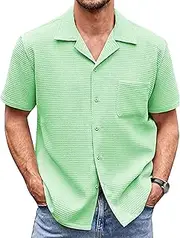 [Generic] Men's Classic Short Sleeve Waffle Weave Button Down Shirt Casual Slim Fit Durable Easy Care for Any Occasion