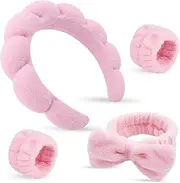 MKUCCD 4Pcs Pink Sponge Spa Headbands & Wristband Set,Puffy Makeup Headband Set for Washing Face,Soft Towel Skin Care Head Band,Cute Hair Band Shower Padded Headwear Non Slip Thick Hair Accessory